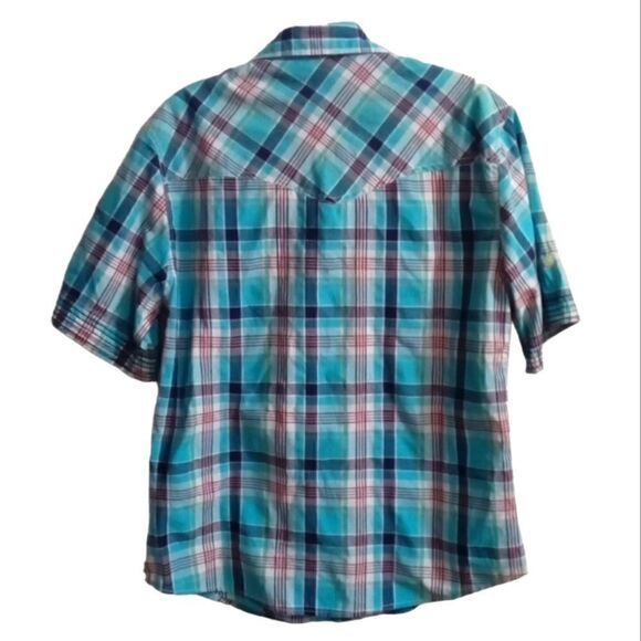 Rolling Paper Co. Short Sleeve Button Down Shirt Size M Blue Plaid Patches - Picture 2 of 8